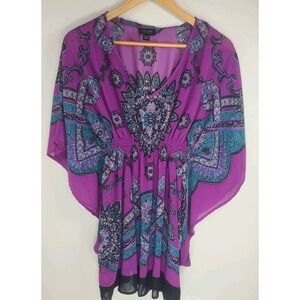 Nicole Miller Purple Paisley Batwing Blouse XS | Flowy Kaftan‑Style Top, Euc